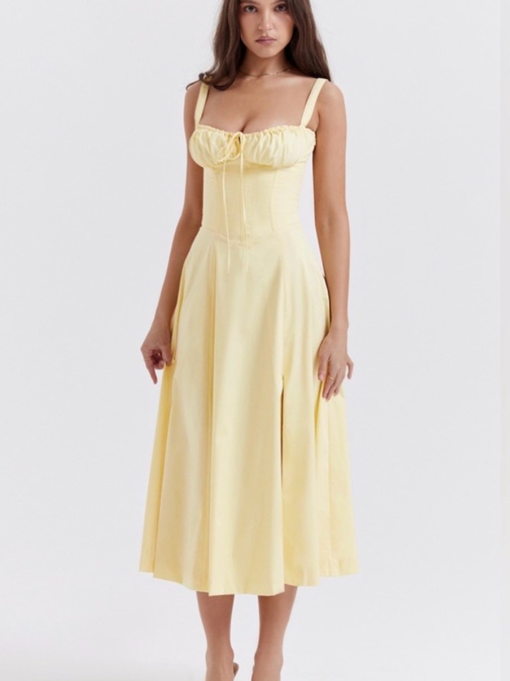 NWOT House of CB Light Yellow Ruched Sweetheart Midi Dress